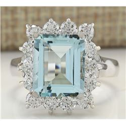 5.06 CTW Natural Aquamarine And Diamond Ring In 18K White Gold