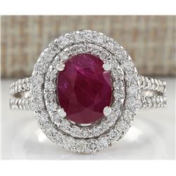 3.44 CTW Natural Ruby And Diamond Ring 18K Solid White Gold
