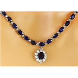 48.83 CTW Natural Sapphire 14K Solid White Gold Diamond Necklace