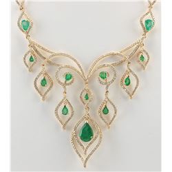 14.80 CTW Natural Emerald And Diamond Necklace In 14K Yellow Gold