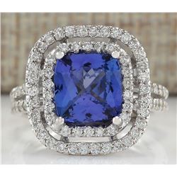 3.93 CTW Natural Blue Tanzanite And Diamond Ring In 14K Solid White Gold
