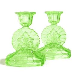 Vaseline Depression Glass Pinwheel Candlesticks #918519