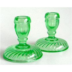 Green Depression Glass Swirl Candlesticks #918525