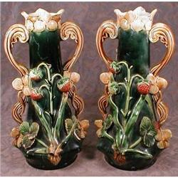MAJOLICA Strawberry VASES Pair EUROPEAN Antique #923216