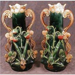 MAJOLICA Strawberry VASES Pair EUROPEAN Antique #923216