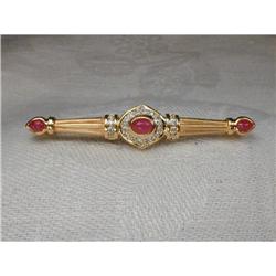 Estate 18K YG Gold Ruby Diamond Brooch Bar Pin #923541