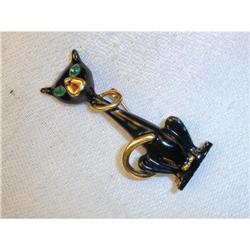 Estate 14K Enamel Art Deco Emerald Cat Brooch  #923563