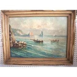 Art Painting Mediterranean SeaScape Boats Frame #933820