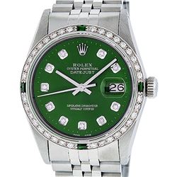 Rolex Mens Stainless Steel Green Diamond & Emerald 36MM Datejust Wristwatch