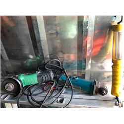 HITACHI GRINDER, MAKITA ANGLE DRILL & SHOP LIGHT.