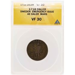 1718 Sweden Emergency Issue AE Daler Mars Coin ANACS VF30