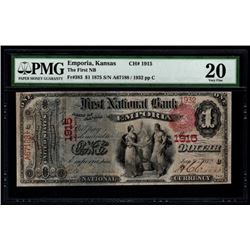 1875 $1 Emporia National Bank Note PMG 20