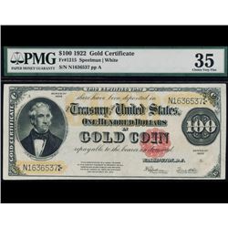 1922 $100 Gold Certificate PMG 35