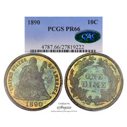 1890 Proof Seated Liberty Dime Coin Arrows PCGS PR66 CAC Amazing Toning