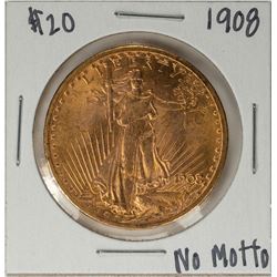 1908 No Motto $20 St. Gaudens Double Eagle Gold Coin