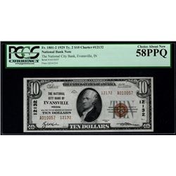 1929 $10 Evansville National Bank Note PCGS 58PPQ