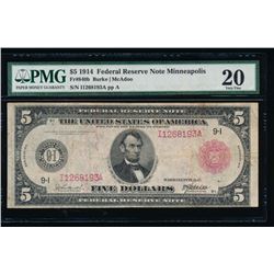 1914 $5 Red Seal Minneapolis Federal Reserve Note PMG 20