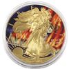 Image 1 : 2016 USA $1 Coloured/Gilt -Burning Money- 1oz Fine Silver Eagle (Tax Exempt) Coin comes in a protect
