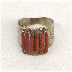 Native American Zuni Sterling Coral Ring, by Quam