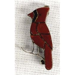 Vintage Zuni Sterling Coral Cardinal Pin Pendant