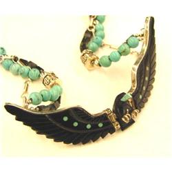 Tribal Onyx Turquoise carved  Eagle necklace  #893615