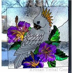 Stained Glass PaintingCOCKATOO Hibiscus Bush  #930878