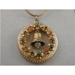 14K Ruby Pearl Turquoise Christmas Bell Pendant #931561
