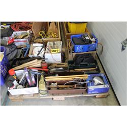 PALLET WITH CHARGER, JACK, SANDER, SAW, AIR IMPACT, PIPE WRENCH, ETC