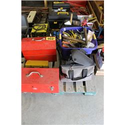 PALLET WITH 2 RED TOOLBOXES & CONTENTS, 50 AMP WELDER, HAMMERS, PROPANE TORCHES, ETC