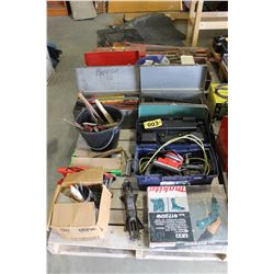 PALLET WITH TOOL BOXES, MAKITA DRILL, NAILS, JACKS, HAMMERS, ETC