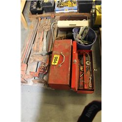 2 RED TOOL BOXES C/W TOOLS, JACK ALL, AXES, CHAIN, AXES, ETC