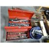 Image 2 : 2 RED TOOL BOXES C/W TOOLS, JACK ALL, AXES, CHAIN, AXES, ETC