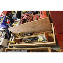 WOOD CARPENTER'S TOOLBOX & WOOD CRATE C/W HAND DRILL, SAW, BOOSTER CABLES, ETC