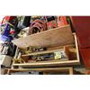 Image 1 : WOOD CARPENTER'S TOOLBOX & WOOD CRATE C/W HAND DRILL, SAW, BOOSTER CABLES, ETC