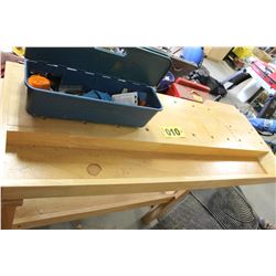WOOD WORK BENCH & BLUE TOOLBOX & CONTENTS