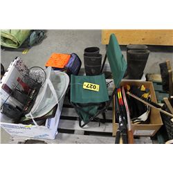 PALLET WITH TENNIS RACKETS, TRAILER BOX, TOASTER, PICTURES, BASKETS, RUBBER BOOTS, JACK PADS, ETC