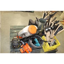 PALLET C/W SNOW BRUSHES, RYOBI CHAIN SAW, STIHL SPRAYER, B&D CIRC SAW, RUBBER BOOTS, ETC