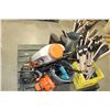 Image 1 : PALLET C/W SNOW BRUSHES, RYOBI CHAIN SAW, STIHL SPRAYER, B&D CIRC SAW, RUBBER BOOTS, ETC