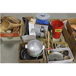 PALLET WITH SEEDER, HEATER, PHONE, HAMMERS, ETC - 7 BOXES