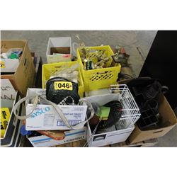 PALLET WITH TROPHIES, JACK, OFFICE SUPPLIES, BASKETS, RACKS, ETC - 8 BOXES