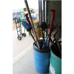 BLUE PLASTIC BARREL C/W RAKE, SHOVEL, POST HOLE AUGER, BROOMS, ETC