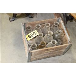 WOODEN MILK CRATE C/W 11 JARS