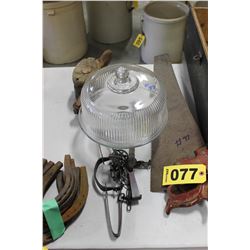 2 SAWS, TRAPS, WOODEN PULLEY & COVERED GLASS CAKE DISH