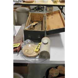 FOOT WARMER, COVERED GLASS CHEESE PLATE, PLATTER, BOX & ICE BUCKET