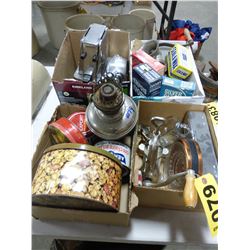 TOASTER, MISC ANTIQUES, LAMP BASE, MEAT GRINDERS, TINS, COLLECTOR BOXES - 4 BOXES