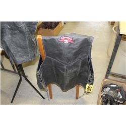 LEATHER VEST (SIZE 44), CHAPS & COAT TREE