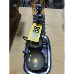 SILVER CANDLE HOLDERS (2), SUGAR, CREAMER, TRAY & PURSE VASE