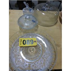 GLASS BOWL, 2 CANDY DISHES, & CAKE COVER