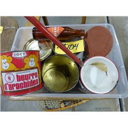 TOTE WITH COLLECTOR TINS INCLUDING ORANGE CRUSH BOTTLE, ENAMEL PAN & CREAM BOTTLE