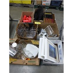PALLET WITH PICTURES, JUGS, SIGN HOLDERS, BOOKS, OFFICE SUPPLIES, PUNCH BOWL, ETC - 7 BOXES